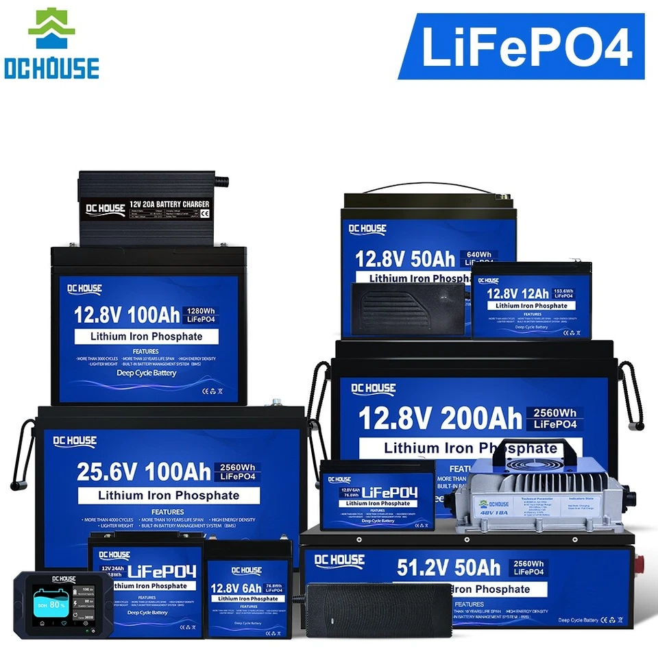 DCHOUSE Batteria LiFePO4 12V/24V/48V 6Ah 30Ah 50Ah 100Ah 200Ah Batteria al litio BMS RV