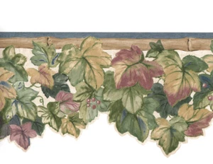 Green Purple Ivy Leaf Vine Die Cut Sculptured Blue Trim Wall paper Border - Picture 1 of 1