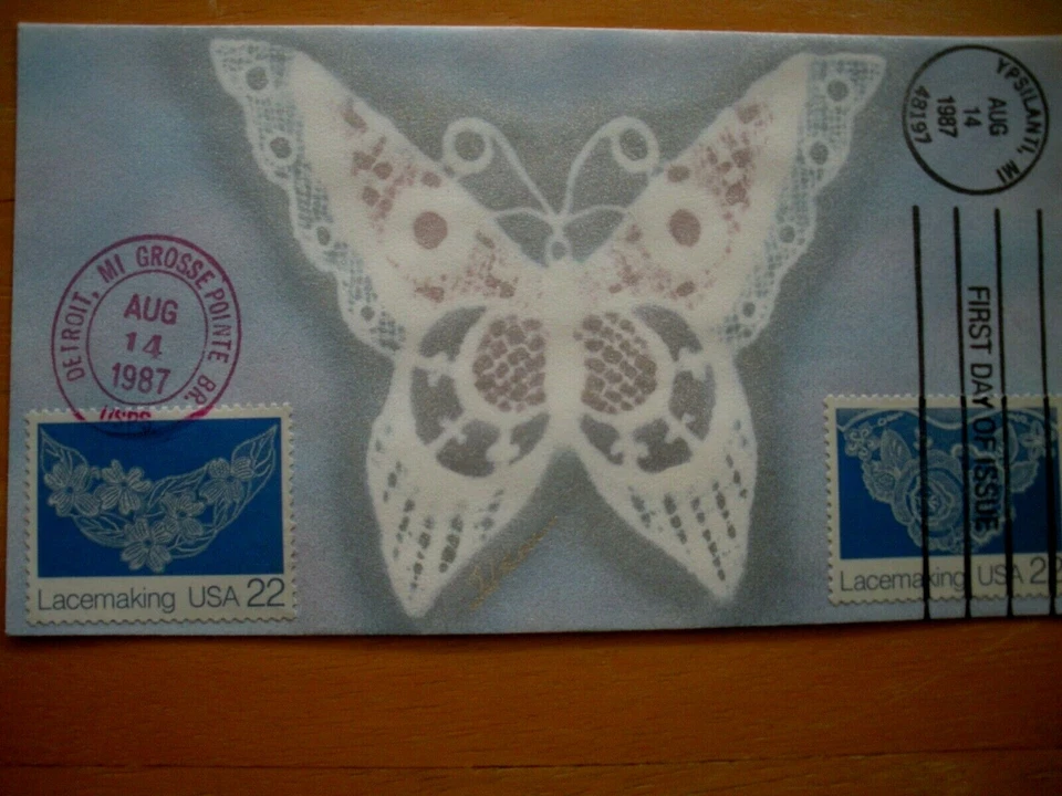  Ham Painted FDC 1987  Lace Butterfly 2 22 cent stamps Total cover painted - Image 1 of 1