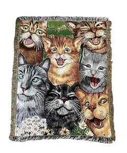 Decke gewebt Gobelin Überwurf Katzen Happy Silly lächelnd Fransen Allover Druck - Bild 1 von 9