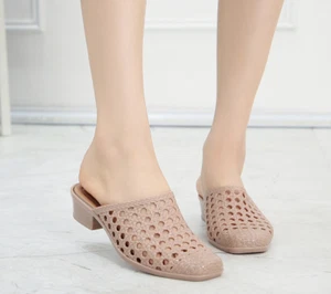 Women's Beach Shoes Slippers Soft Hollow Out Summer Mid Heels Square Toe Sandals - Picture 1 of 13