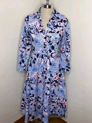 Vestido Camisa Algodón Lilly Pulitzer Talla 10 Mira Midi Elastizado Azul Rosa Bolsillos Corbata Foto 1 de 4