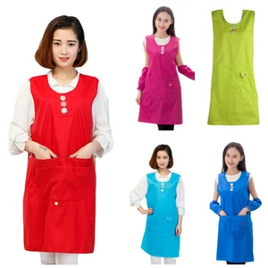 Women Kitchen Dining Cooking Apron Set Waterproof Oil-proof Aprons Cuff Sleeves - Picture 1 of 14