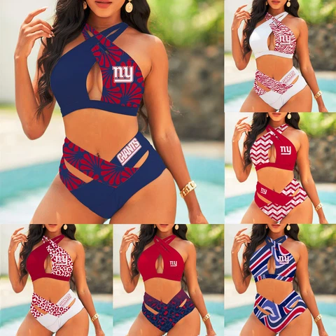 New York Giants Criss Cross Swimsuit 2 Pieces Bikini Set Hollow Out Swimwear Cover