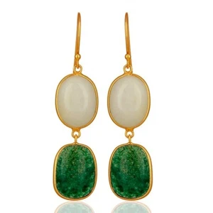 18k Gold Plated Wire Hook Earrings With Green Aventurine & White Agate For Women - Picture 1 of 6