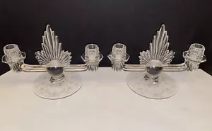 VINTAGE 1937 FOSTORIA GLASS DUO FLAME DECO CANDLEHOLDERS #2545 BY GEORGE SAKIER - Picture 1 of 11