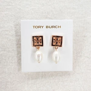 Tory Burch Square Logo Pearl Drop Earrings Rose Gold OS - Picture 1 of 12