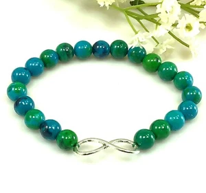 Blue Chrysocolla beaded bracelet with infinity pendant healing stretch gemstone - Picture 1 of 7