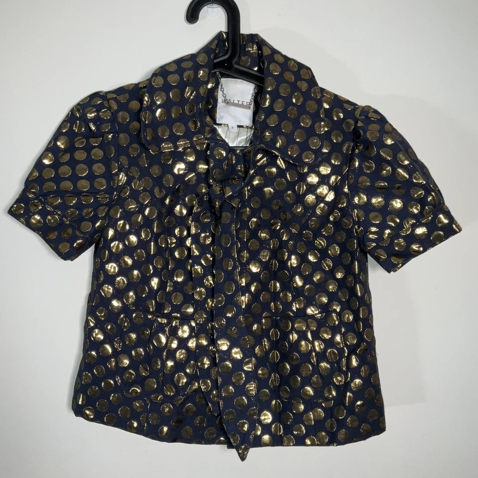 Walter Navy Gold Metallic Polka Dot Cropped Blazer Short Puff Sleeve Button Tie - Image 1 of 4
