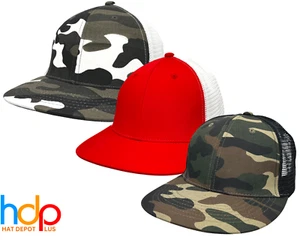 Six Panel Camo Style or Solid Color Flat Bill Mesh Snapback Trucker Cap Hat - Bild 1 von 21
