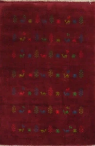 Little Character/ Animal Design Burgundy Gabbeh Oriental Handmade Area Rug 4x6 - Picture 1 of 13