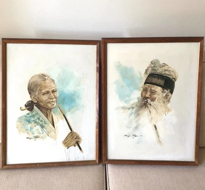 Juego de 2 Acrílicos Baijin Han Firmados y Enmarcados sobre Lienzo de Chinos Fumando Foto 1 de 4