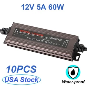 Outdoor 12V Transformer Power Supply 5A 60W DC Led Driver Power Adapter 10 Pack - Picture 1 of 10