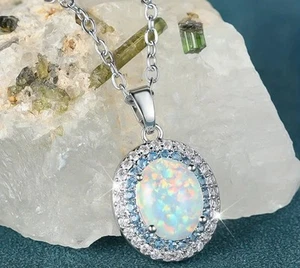 Bohemian Opal Aquamarine Zirconia Pendant Necklace - Picture 1 of 6