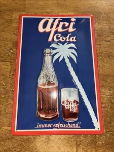 Deutsch Afri Cola 3D Metall Soda Schild geprägt selbstgerahmt rot blau Retro - Bild 1 von 16