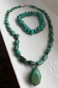 Collana + Bracciale Sterling Perline Pepita Blu Verde Turchese Lucido - Foto 1 di 24
