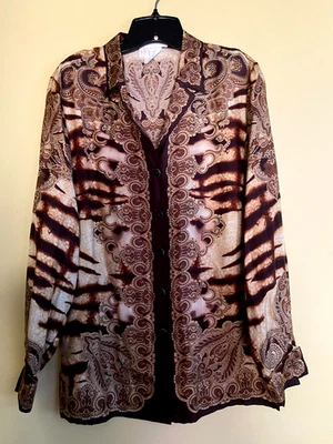 ESCADA VINTAGE LONG BLOUSE TEXTURED SILK IN BROWN BEIGE PAISLEY FILIGREE 38 12 - Image 1 of 4