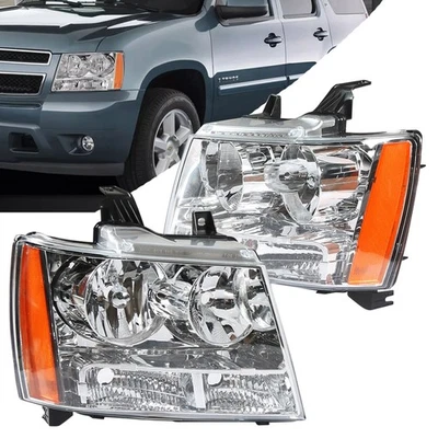 For 2007-2014 Chevy Avalanche Chevrolet Suburban Tahoe Chrome Amber Headlights - Image 1 of 4