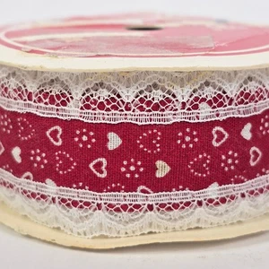 VTG Red Hearts & White Lace All Fabric Ribbon 12 feet / 4 yards Valentine - Picture 1 of 5