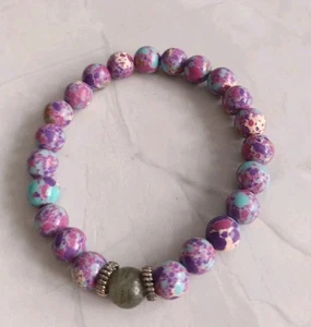 Faux Moonstone & Rhinestone  Beaded Bracelet Elasticated Blue/Purple BNWOT - Picture 1 of 2