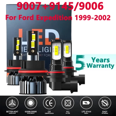For Ford Expedition 1999-2002 - Combo 9007 LED Headlight 9145 Fog Bulbs 6000K - Image 1 of 4
