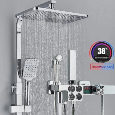 ROZIN Chrome Exposed Shower Mixer Twin Head Large Bar Set Bathroom Square Valve System