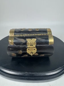 Portagioie vintage fatto a mano a cupola ottone e corno intarsiato fodera velluto viola 3x2”” - Foto 1 di 11