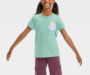 Cat & Jack Girls Plus Size L (10/12) T-Shirt Short Sleeve Smiley Ocean Green - Picture 1 of 6