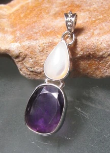 Sterling silver everyday cut AMETHYST & MOTHER OF PEARL pendant. - Picture 1 of 7
