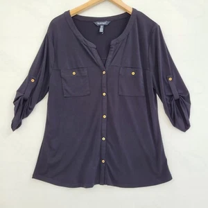 Ellen Tracy Button-Up Shirt Women Size L Black 3/4 Sleeve V-Neck Top - Picture 1 of 9