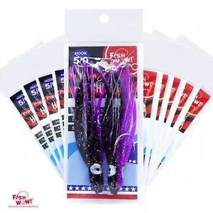 Fisch WOW! 10 Stück Angeln Hoochies Rig 4,75 Zoll lila schwarz Tintenfisch 5/0 Oktopus Haken - Bild 1 von 6