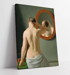 A NUDE WOMAN DOING HER HAIR BEFORE A MIRROR FRAMED CANVAS WALL ART PICTURE PRINT - Picture 1 of 2