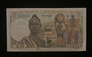 West Africa, 5 Francs 1943  XF to AU. WA1 - Picture 1 of 3