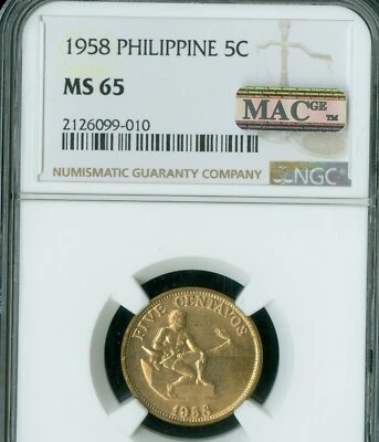 1958 PHILIPPINE 5 CENTAVOS NGC MS65 RED PQ 2ND FINEST GRADE MAC SPOTLESS * - Image 1 of 2