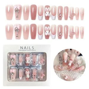 24Pcs 3D Bunny Press-On Nails Pink Nail Art Set New Fake Nails for Women - Picture 1 of 6