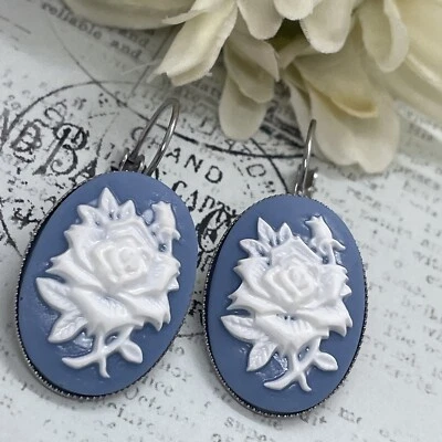 Pendientes camafeo rosa azul polvoriento plata naturaleza cumpleaños aniversario regalo francés Foto 1 de 4