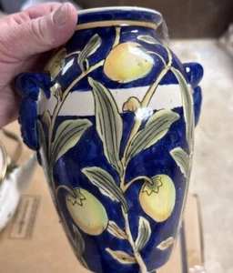 ITALIAN MAJOLICA HANDLED POTTERY VASE LEMON MANGO YELLOW BLUE CANTIGALLI - Picture 1 of 8
