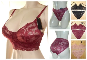 NWT SENSUAL SEMI SHEER EMBROIDERED LACE BRA +HIPTER BIKINI 2 PC SET 34-42D DD - Picture 1 of 10