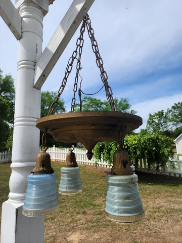 Early 1900's Antique Pan Style Chandelier With Blue Glass Shades Cover