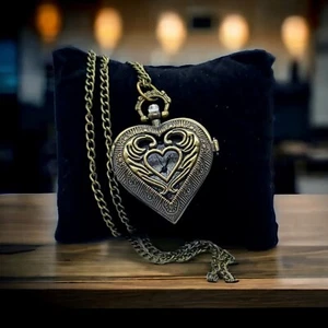 NEW Heart Shaped Engraved Antique Bronze Quartz Pocket Watch Necklace Jewelry - Picture 1 of 10