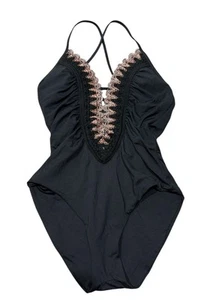 BECCA Layla Plunging Crochet-Trim Tie-Back Swimsuit Black NWT $138 SZ S (S5) - Picture 1 of 10