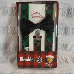 Men's Wembley Bow Tie & Suspender Set One Size Black Green Plaid - Picture 1 of 8
