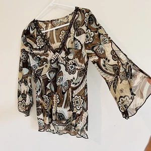 Vtg Y2K Fairy Grunge Butterfly Blouse Sequins Lace Sheer Flowy Sleeves Brown - Picture 1 of 13