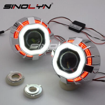 H1 H4 H7 HID Bi-xenon Projector Lens Conversion Kit Double Square LED Angel Eyes - Image 1 of 4