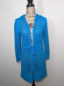 CJ Banks Cárdigan Suéter Mujer Azul Con Capucha Corbata Frontal Crochet M - Imagen 1 de 9
