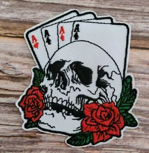 Rockabilly Karten Rose Totenkopf Retro Tattoo Biker bestickt Bügelbild Patch - Bild 1 von 2