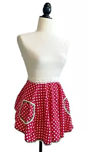 Vintage Apron Holiday Skirt Handmade One Size Red Polka Dot Pockets Green Trim - Picture 1 of 7