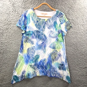 Noni B Womens Blouse Top Size S Blue White Green Stretch Knit Leaf Print - Picture 1 of 13