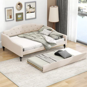 Full Size Daybed with Pull Out Trundle Bed Upholstered Bed Frame Sofa Bed Beige - Picture 1 of 18