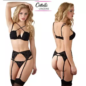 Cottelli Lingerie Sexy Set Intimo Nero Ricamato con Reggicalze Tanga e Reggiseno - Foto 1 di 7